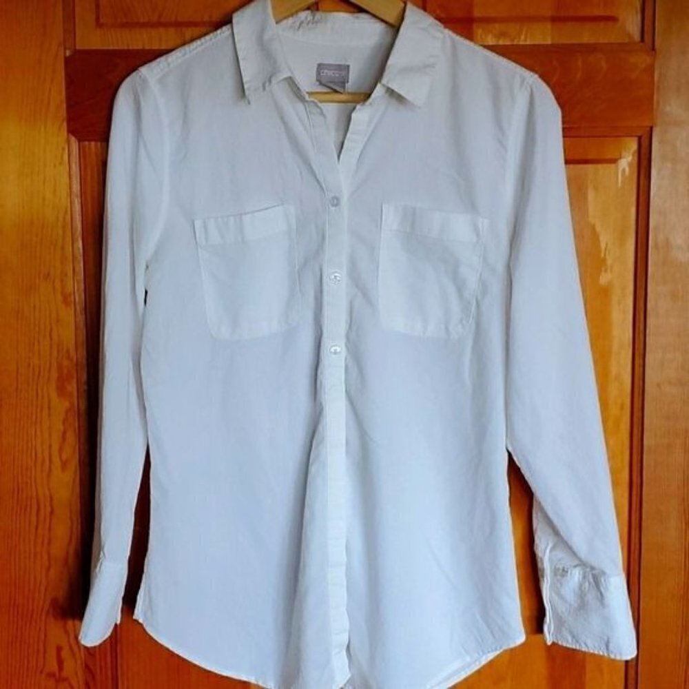 Chico's Embellished Vneck Button Down Long Sleeve‎ Sz 1 (M) Blouse